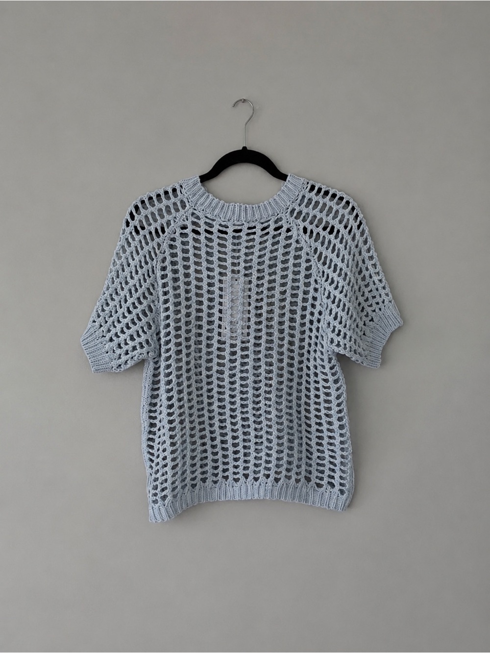 GEE GEE Pale Blue Open-Knit Crochet Top – Size M NWT